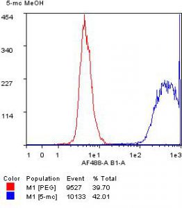 Flow Cytometry analysis of 5-mC expression in HEK293 cells using Anti-5-mC rabbit monoclonal antibody<br />[RM231]. The cells were fixed with ice-cold MeOH, permeabilized with 0.5% Triton X-100, denatured with 2N HCl, then stained with<br />RM231 (anti-5-mC, Blue) or with a<br />negative control antibody (RM105, Red).