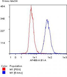 Flow Cytometry analysis of 5-hmC expression in HEK293 cells using Anti-5-mC rabbit monoclonal antibody [RM236].The cells were fixed with ice-cold MeOH, permeabilizedwith 0.5% Triton X-100, denatured with 2N HCl, then stained with RM236 (anti-5-hmC, Blue) or with a negative control antibody(RM105, Red).